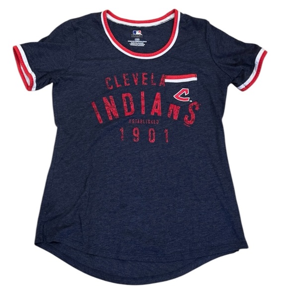 Retro Cleveland Indians Ringer TShirt Blue White Red L MLB Baseball - Picture 1 of 6